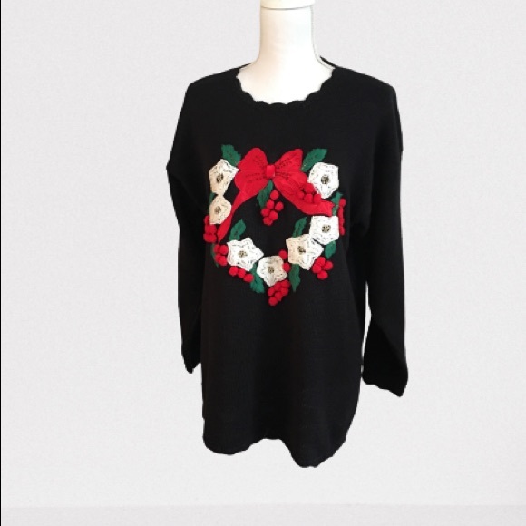 Wreath Christmas sweater, black tunic length embroidered size M - Picture 2 of 3